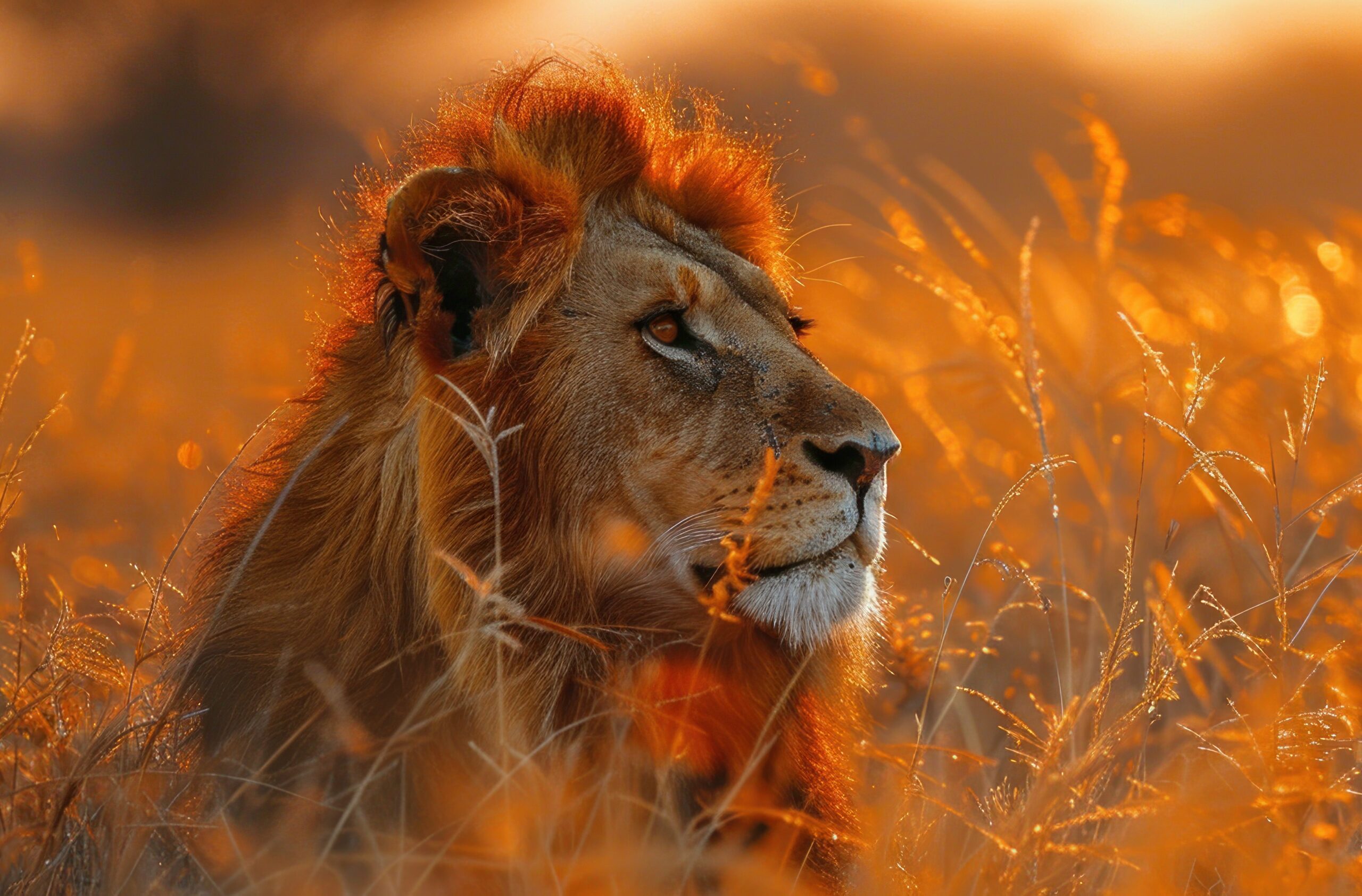 Majestic Lion in Golden Sunset Grass